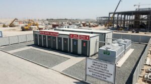 Completed fire rated portable toilet and septic tank installation on a UAE site