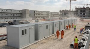 Fire rated toilet cabins installed at a labour camp in the UAE