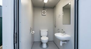 Interior fit-out of a fire rated portable toilet cabin with WC and wash basin
