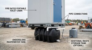 Septic tank connected to a fire rated portable toilet cabin on site