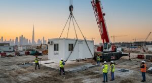 Crane installing a site office cabin on a Dubai construction site