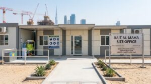 Finished site office entrance with signage on a Dubai project