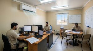 Interior of a site office cabin in Dubai with desks and air conditioning