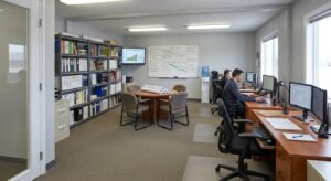 Organized site office interior layout with meeting area and storage