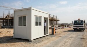 Compact security cabin built by porta cabin suppliers in Dubai for site entrances