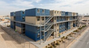 Container for construction labor accommodation compound with stacked modular units in Dubai