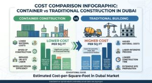 Cost comparison infographic for container for construction versus traditional building in Dubai