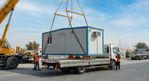 Flatbed delivery of a rental unit from porta cabin suppliers in Dubai