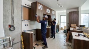 Modular Kitchen Dubai installation process with factory-built cabinet assembly