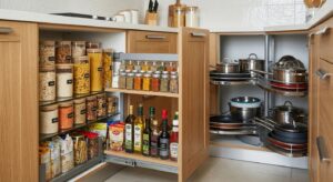 Modular Kitchen Dubai storage solutions with pull-out pantry and corner carousel