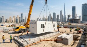 Crane installing a portacabin with a septic tank connection in Dubai