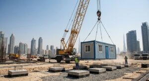 Crane placing a container site office unit at a Dubai construction site