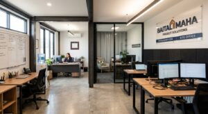Interior of a customized container site office with workstations and branded signage