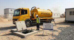 Licensed wastewater tanker servicing a septic tank at a Dubai portacabin site