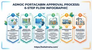 6-step ADNOC portacabin approval and delivery process infographic