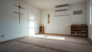 Mosque Cabin Interior A respectful interior photograph of a portacabin mosque or prayer room-AZ2rMnYqNQT04hod9eoUoQ