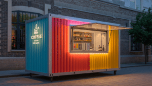 Branded Commercial Kiosk Cabin A high-quality exterior photograph of a fully branded commercial portacabin