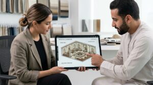 Custom Majlis hall design consultation with 3D floor plan