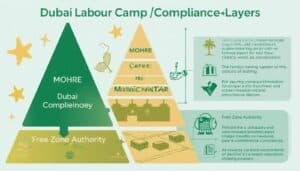 Dubai labour camp compliance layers - MOHRE, Dubai Municipality, and free zone authority requirements