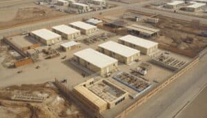 Fully operational MOHRE-compliant labour camp in Dubai with sleeping cabins, dining hall, and bathroom blocks