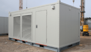 Generator Room Cabin Exterior An exterior photograph of a purpose-built generator room cabin on a large construction site