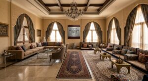 Hybrid Majlis hall seating layout combining traditional and modern furniture