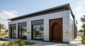 Modern Majlis hall exterior with contemporary ACP cladding and traditional detailing