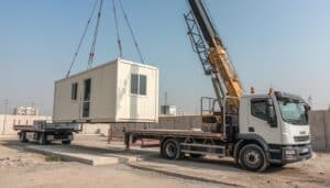 Porta cabin delivery and installation Sharjah - crane placement on construction site