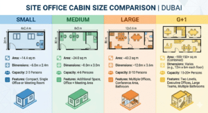 Site office cabin size comparison Dubai small medium large G+1