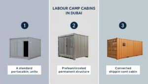 Three types of labour camp cabins in Dubai - portacabin, prefab permanent structure, and container conversion