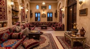 Traditional Majlis hall interior with floor seating and cushions