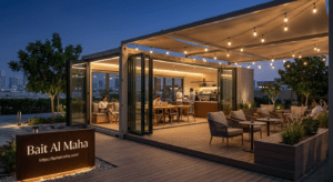 café-office hybrid container with fold-out glass panels fully open