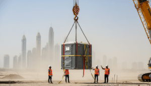 Toilet cabin installation Dubai  - crane placement on construction site