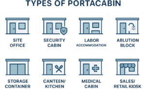 listing all 8 portacabin types with a small icon representing each one (e.g., a desk for site office, a bed for accommodation, a shield for security cabin)