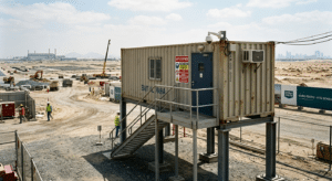 photo of a rugged, elevated 40ft container site office on an active construction site