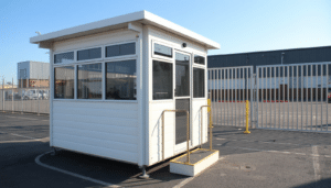 showing the tinted safety glass panels, the roof overhang, and an access barrier in the background