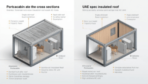standard portacabin cross-section with single-skin roof, no insulation, and a basic AC unit