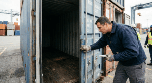 team member or technician inspecting a shipping container before conversion