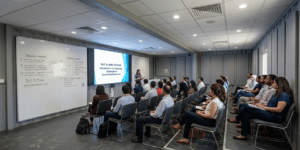 theatre-style seating arrangement facing a large LED display screen