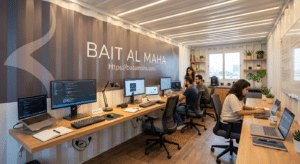 well-lit interior photo of a compact 20ft container office