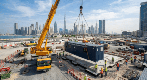wide-angle photo of a crane lifting a 40ft container office onto its prepared site