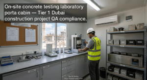 On-site concrete testing laboratory porta cabin — Tier 1 Dubai construction project QA compliance
