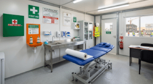 On-site first aid and medical station porta cabin on a Dubai construction project — UAE Federal Law compliant