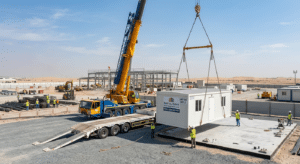 Porta cabin delivery and crane installation - UAE construction site, Bait Al Maha logistics
