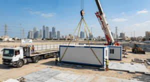 Portacabin installation process in Sharjah - crane delivery and on-site setup by Bait Al Maha
