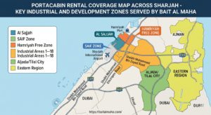Portacabin rental coverage map across Sharjah - key industrial and development zones served by Bait Al Maha