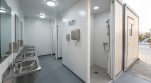 Prefabricated sanitary and shower block porta cabin for Dubai construction site — Dubai Municipality compliant