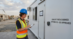 Quality control inspection of finished porta cabin before delivery - Bait Al Maha UAE manufacturing