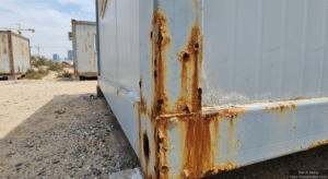 Salt-air corrosion on portacabin steel frame in coastal UAE