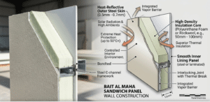 Sandwich panel wall construction used in Bait Al Maha portacabins for Sharjah's extreme heat